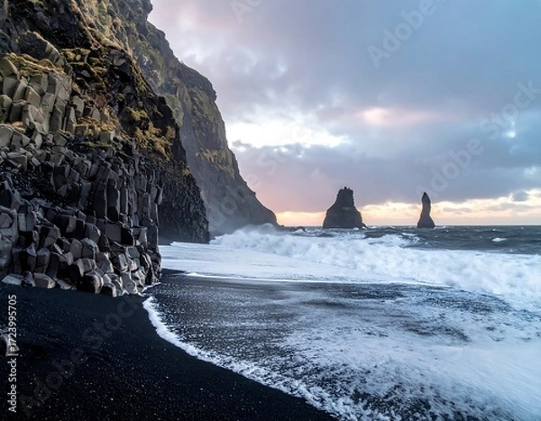 Obraz Dramatic black sand beach at dawn