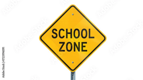 Obraz A yellow diamond school zone sign with black text on a metal pole against a black background image view