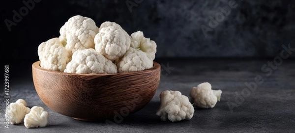 Fototapeta The cauliflower in a wooden bowl on a dark textured stone surface