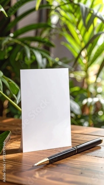 Obraz Blank card on a wooden table, surrounded by greenery