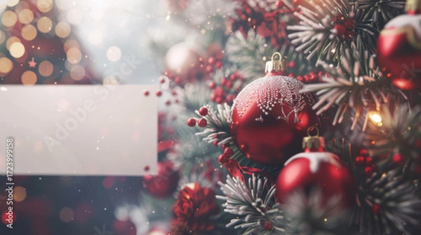 Fototapeta close up horizontal detailed image of shiny christmas ornaments with a blank rectangular white banner on the side, mockup space
