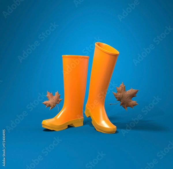 Fototapeta Autumn concept with rain boots and dry autumn leaves