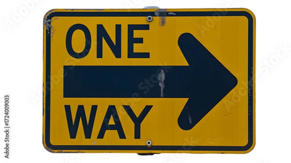 Obraz A slightly weathered yellow one way sign with a dark blue arrow pointing to the right direction ahead