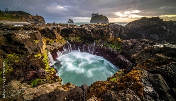Obraz Dramatic coastal rock pool at sunset