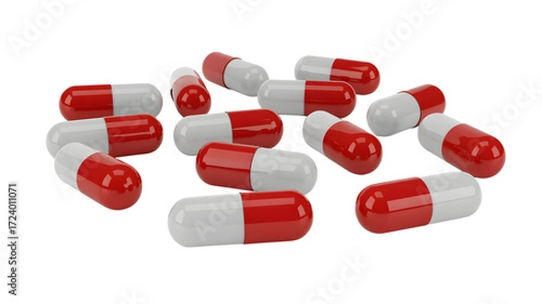 Obraz A scattered pile of red and white capsule pills on a black background in a studio setting view