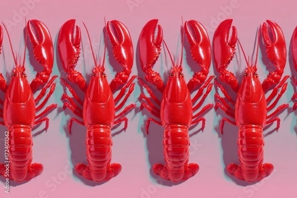 Fototapeta lRed Lobsters on Pink Background in Pattern Style