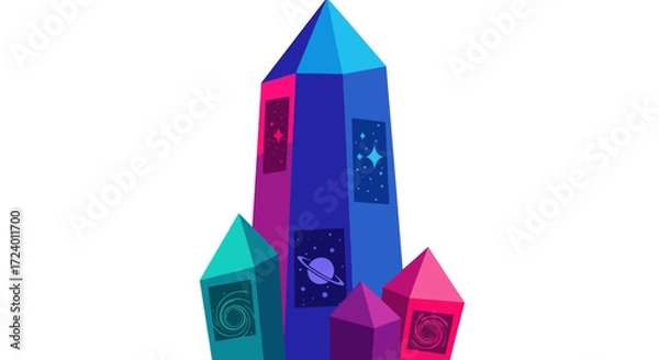 Fototapeta Vibrant cluster of magical space crystals with cosmic scenes.