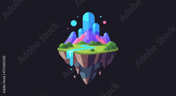 Fototapeta Vibrant Floating Island with Colorful Crystals and Lush Greenery.
