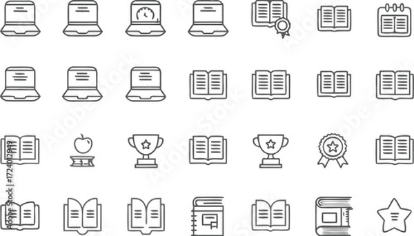 Fototapeta Minimalist Icons Set: Laptops, Books, Trophies for Education and Success Design Projects