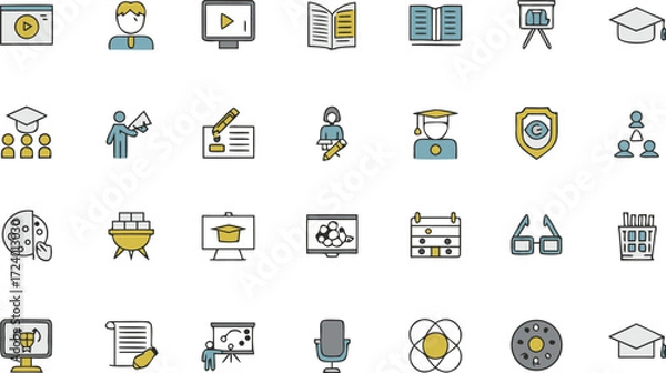 Fototapeta Discover Education Icons: Teachers, Books, Videos, and Grad Caps for Learning and Teaching Resources