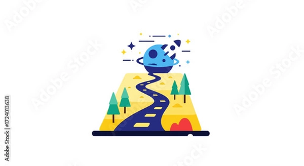 Fototapeta Whimsical Journey to Space - A Cartoon Landscape with a Winding Road Leading to a Planet.