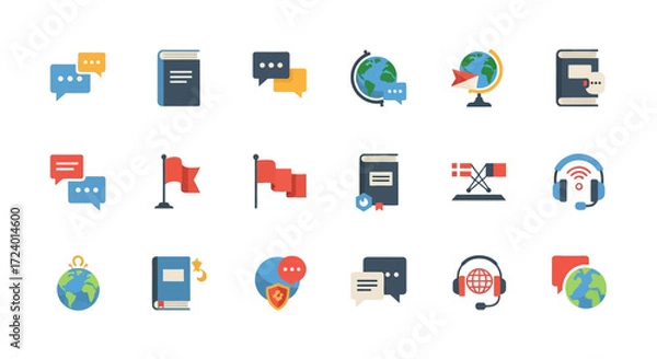 Fototapeta A colorful set of flat icons representing language and translation.