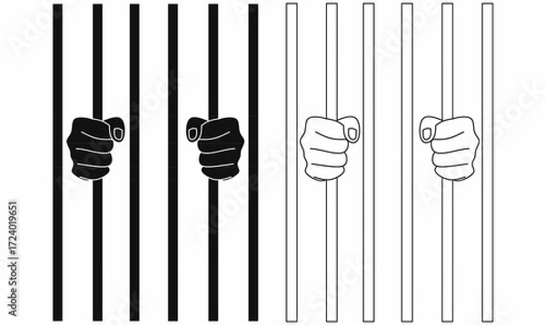 Fototapeta Vector illustration of prisoner hands gripping jail bars in silhouette and outline style. Symbol or icon of prison, crime, law, justice, punishment, freedom, and security concept.
