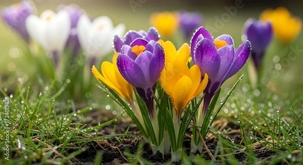 Obraz Crocus flowers in vibrant spring hues dancing in a garden landscape
