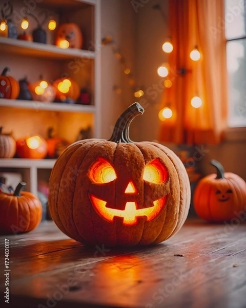 Fototapeta Halloween pumpkin made of plush toy. Realistic