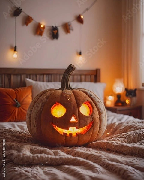 Fototapeta Halloween pumpkin made of plush toy. Realistic