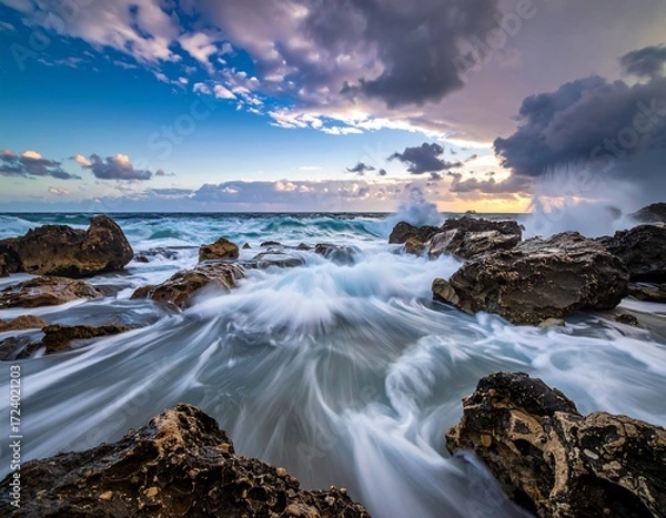 Fototapeta Dramatic coastal waves crashing on rocks at sunset