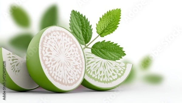 Fototapeta Slices of a vibrant green citrus fruit with a unique floral pattern inside, accented by fresh green leaves