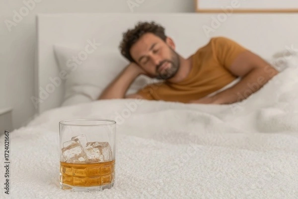 Fototapeta A man sleeps soundly in bed, a glass of whiskey with ice sits on the white bedding nearby
