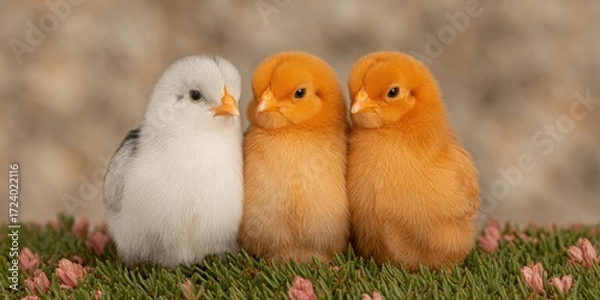 Fototapeta Three adorable baby chicks, one white and two orange, sit together in vibrant green grass, creating a heartwarming springtime scene