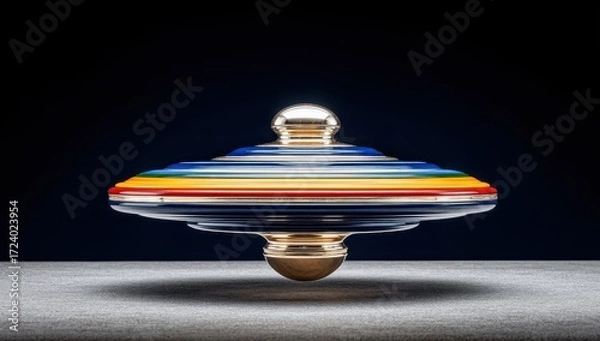 Fototapeta A colorful spinning top with a metallic top and base gracefully rotates on a gray surface against a dark background