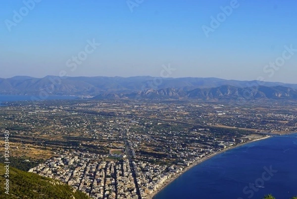 Obraz Panoramic view of the Corinth Isthmus area, the canal, and the city of Loutraki, in Greece