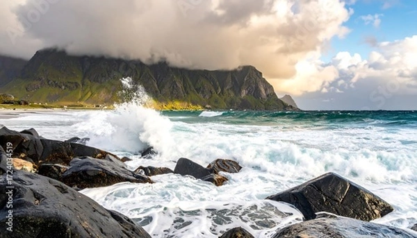 Fototapeta Dramatic ocean waves crashing on a rocky beach, dramatic cloudscape