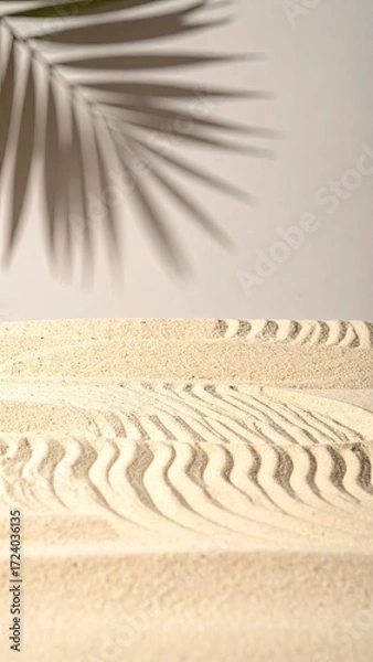 Fototapeta Summer beach day scene with tropical palms shadow on sand background