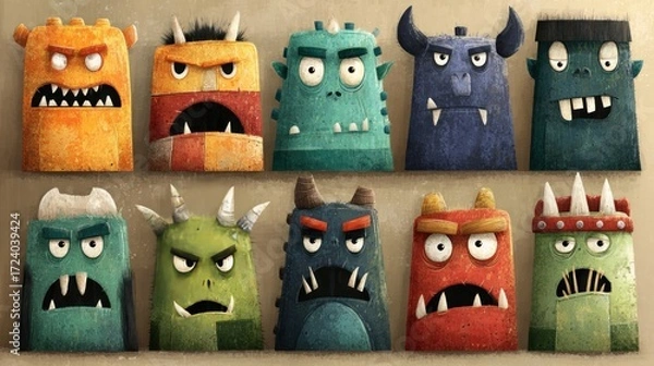 Fototapeta Vector Retro Cartoon Funny Monsters Heads Halloween Set