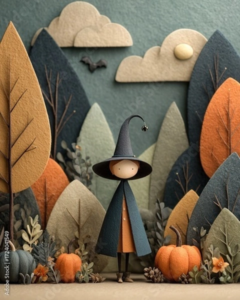 Fototapeta Whimsical Halloween scene featuring a witch, pumpkin, bat, and spider in a product-themed setting