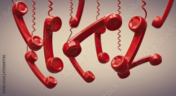 Fototapeta Collection of vintage red telephone receivers hanging by their cords against a muted background