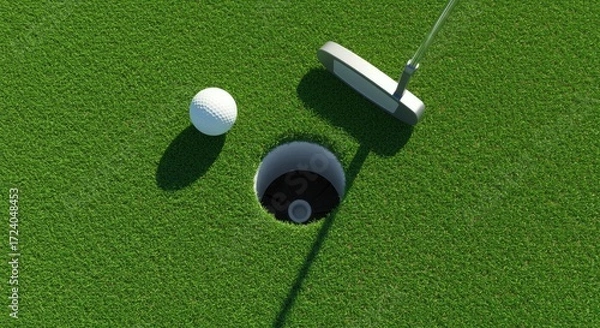 Fototapeta Golf ball and putter near hole on green grass ready for a winning shot