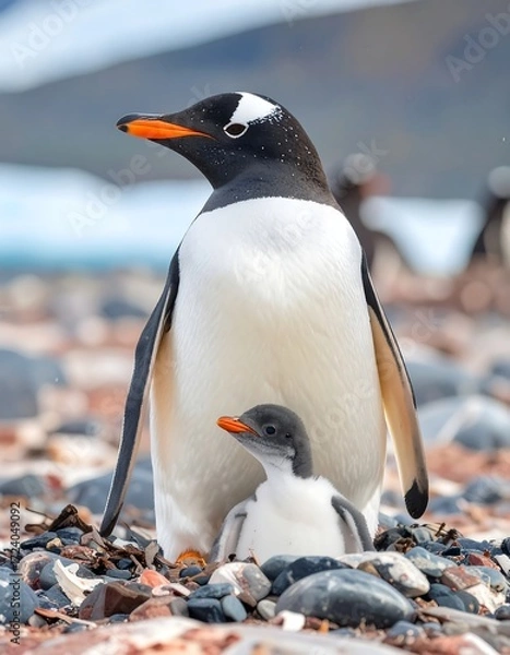 Obraz Gentoo penguin pair with chick