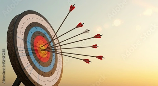 Fototapeta Multiple arrows hitting the bullseye on a target representing success and achievement