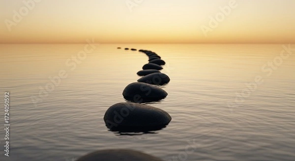 Fototapeta Balanced stack of smooth stones on calm water at sunset creating a serene zen pathway