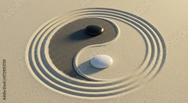 Fototapeta Zen garden sand pattern with yin yang symbol and smooth stones representing balance and harmony