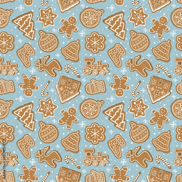 Fototapeta Christmas Cookies Pattern. Seamless Print with Gingerbread Cookies. Gingerbread House, Deer, Sock, Gingerbread Man, Star. Winter Background. Template. Vector illustration on Light Blue Background