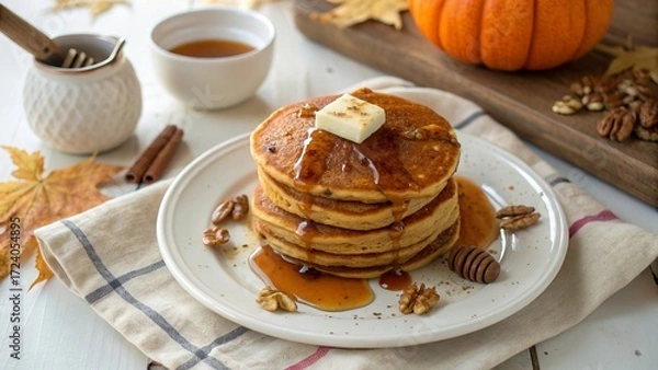 Fototapeta Cozy Stack of Pumpkin Pancakes with Maple Syrup on White Plate - 8