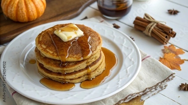 Fototapeta Cozy Stack of Pumpkin Pancakes with Maple Syrup on White Plate - 5
