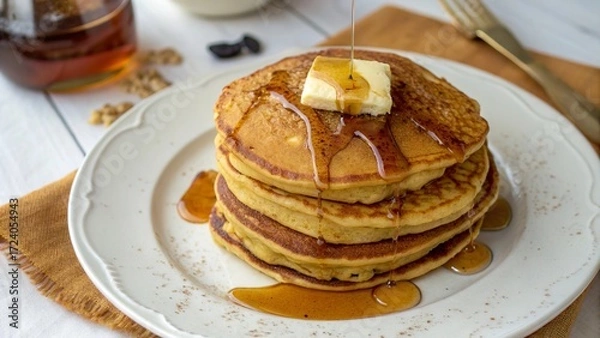 Fototapeta Cozy Stack of Pumpkin Pancakes with Maple Syrup on White Plate - 4