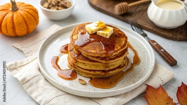 Fototapeta Cozy Stack of Pumpkin Pancakes with Maple Syrup on White Plate - 2