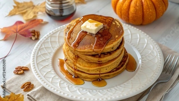 Fototapeta Cozy Stack of Pumpkin Pancakes with Maple Syrup on White Plate - 1