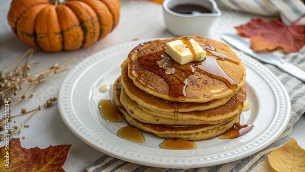 Fototapeta Cozy Stack of Pumpkin Pancakes with Maple Syrup on White Plate