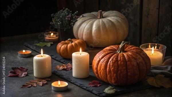Fototapeta Decorative Pumpkins and Candles on Dark Background, Copy Space - 3