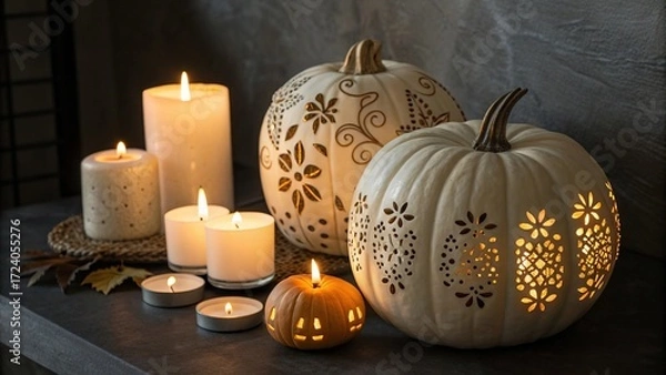 Fototapeta Decorative Pumpkins and Candles on Dark Background, Copy Space