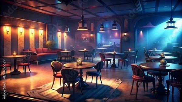 Fototapeta Empty Tables and Chairs in Dimly Lit Music Lounge - 6