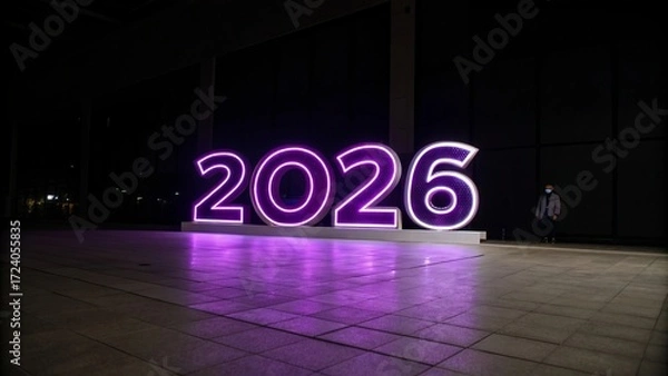 Fototapeta Futuristic 2026 Neon Numbers in Purple on Black Background - 4