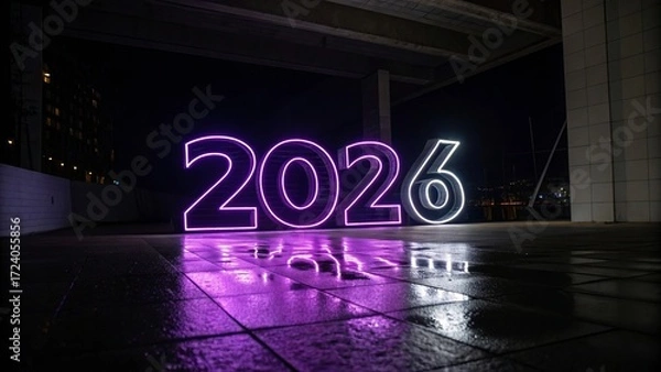Fototapeta Futuristic 2026 Neon Numbers in Purple on Black Background - 1