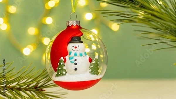 Fototapeta Glass Ornament with Snowman and Pine Branches Against Christmas Tree Lights - 6