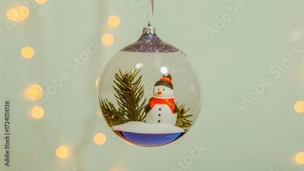 Fototapeta Glass Ornament with Snowman and Pine Branches Against Christmas Tree Lights - 4